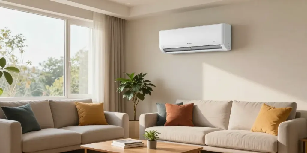 Stylish living room showcasing a mini split 12000 BTU air conditioner designed for comfort and elegance.