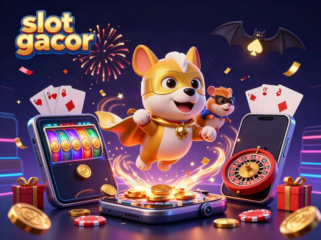 Unleash your luck with slot gacor featuring a superhero dog and sidekick in a vibrant casino world.