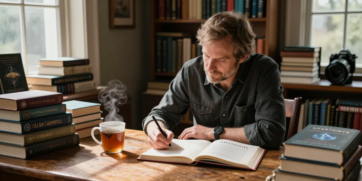 Explore the literary world of T Allen Greenfield at https://tallengreenfield.com with a cozy library scene showcasing his works on spirituality and UFO phenomena.
