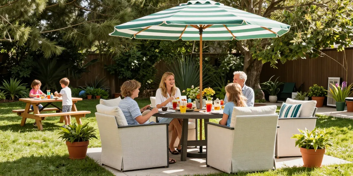 Stylish patio furniture sets including 9-Piece Dining Set under a striped umbrella, perfect for family gatherings.