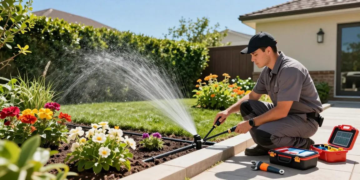 Professional Irrigation Services in Euless, TX: technician inspecting a drip irrigation system in a lush backyard.