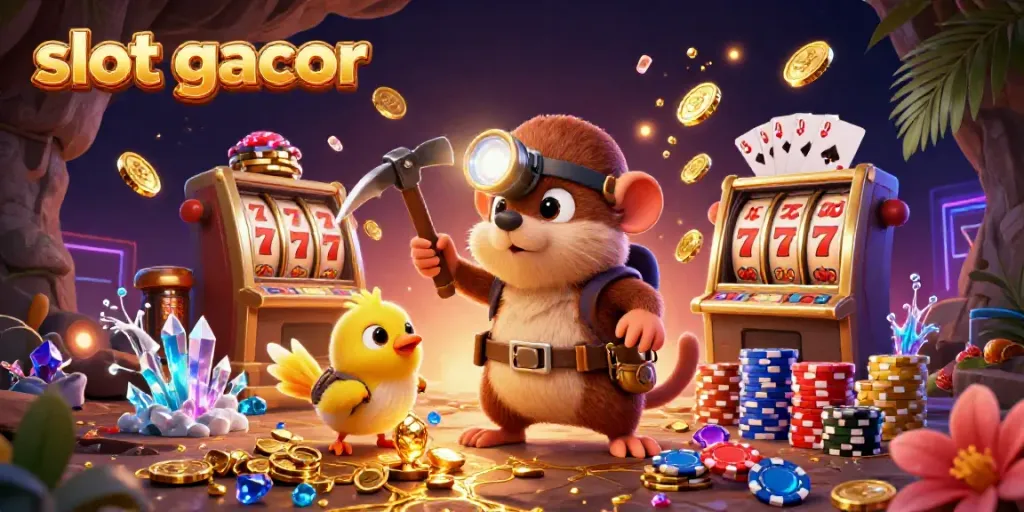 Experience the thrill of slot gacor with a treasure hunter in a vibrant, gem-filled cave.