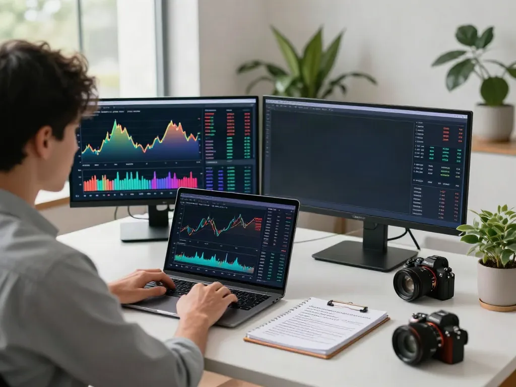 TradingView chart analysis in a modern home office setup.
