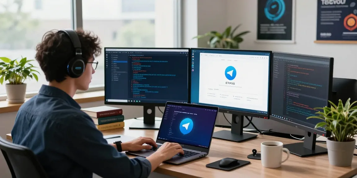 Developer utilizing the 纸飞机中文版 in a modern tech workspace showcasing Telegram features.