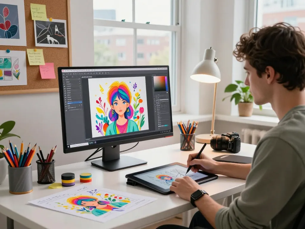 A digital artist at a modern workspace using the image to prompt ai to create vibrant AI-generated visuals, surrounded by sketches and art supplies.