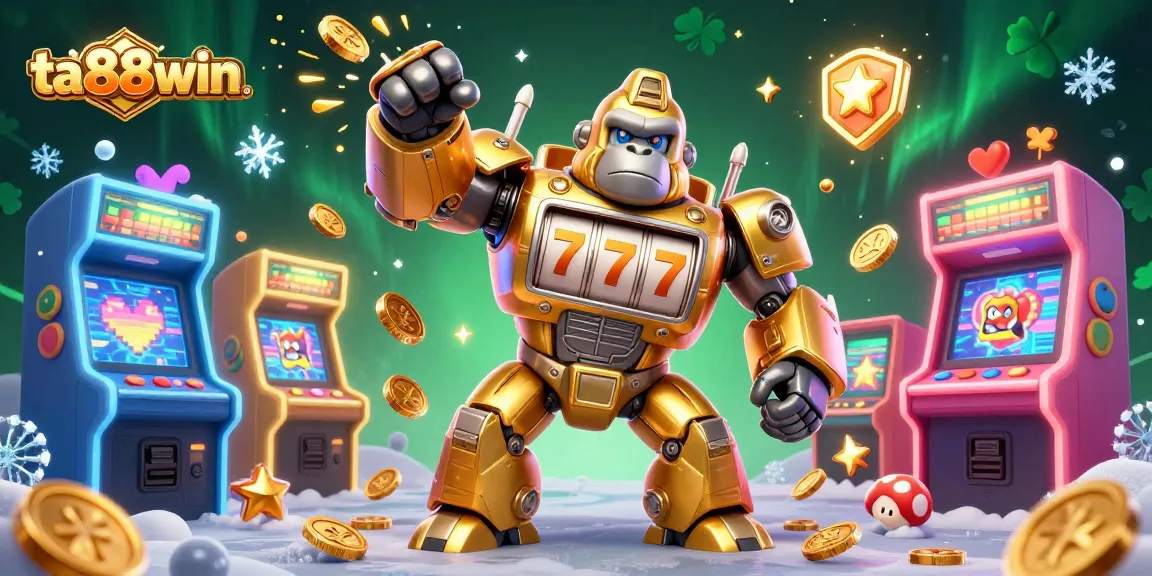 Engage with ta88win's vibrant 3D gaming scene featuring a dynamic golden gorilla mech amidst colorful arcade elements.