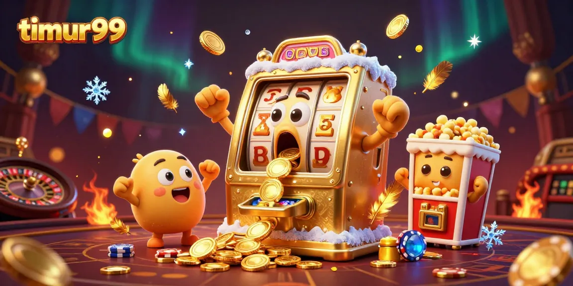 Experience the excitement of timur99 with a lively illustration of a golden slot machine winning big!