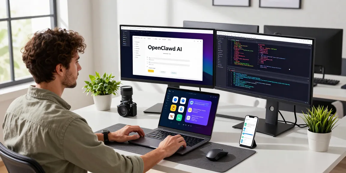 openclawd-focused workspace featuring developer with monitors and AI interface