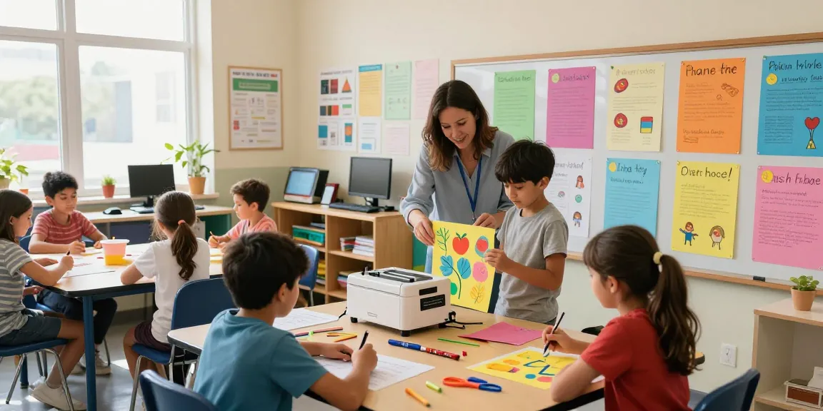 Students using a Poster Making Machine to create colorful educational posters in a bright classroom.
