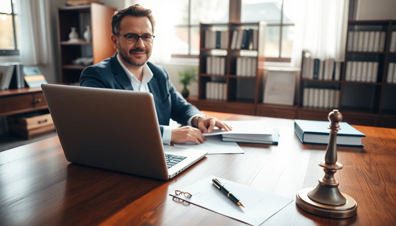 Wills creation process with a professional estate planner surrounded by documents and legal tools.