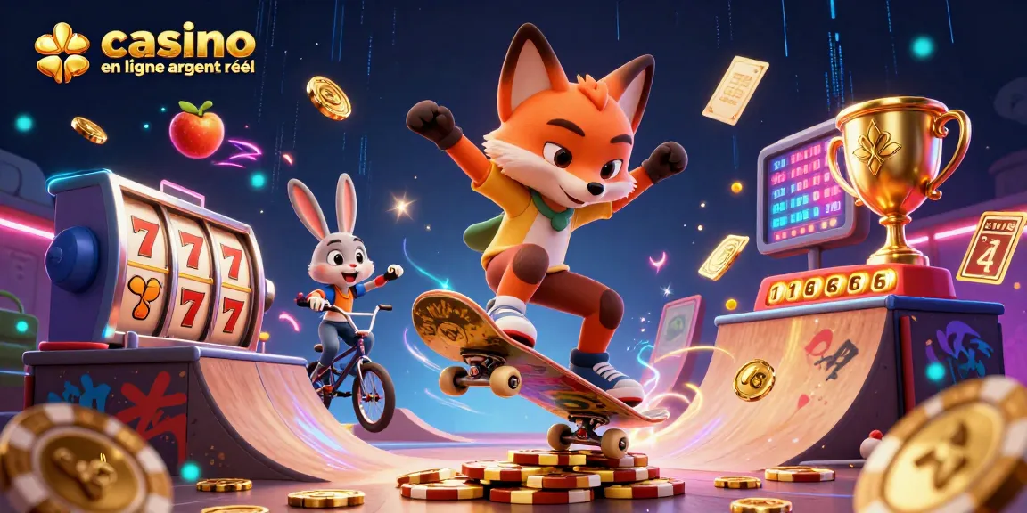 Jouez sur un casino en ligne argent réel avec un renard acrobate et un lapin BMX dans une scène dynamique.