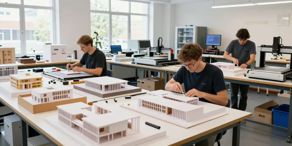 Architectural model maker Germany crafting detailed models in a vibrant studio.
