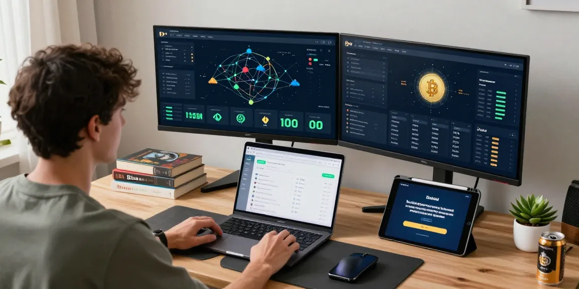 Crypto cloud mining service workspace with screens displaying Bitcoin charts and smart contracts.