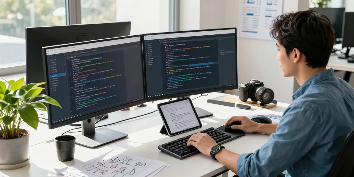 Developer coding on multiple monitors featuring 纸飞机中文版 in a modern workspace