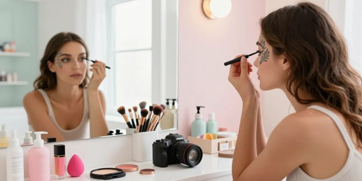 Applying tattoo eyeliner pen in a bright bathroom, showcasing colorful cosmetics.