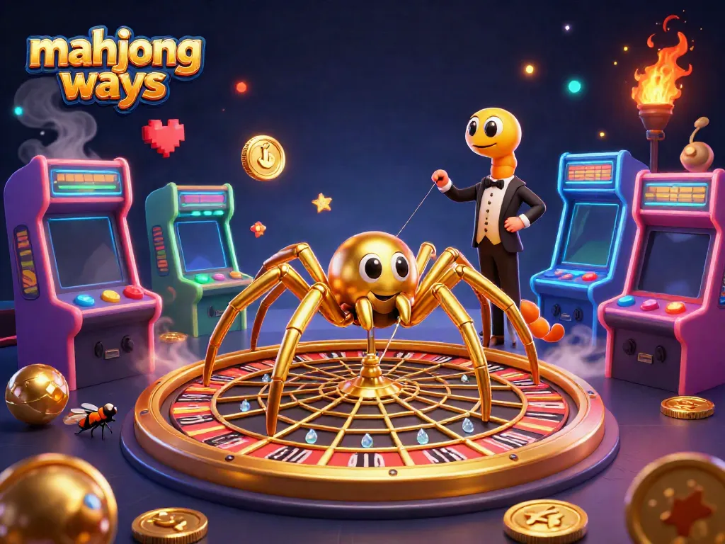 Experience thrilling bets in Mahjong Ways with a golden spider and centipede croupier spinning a roulette web.