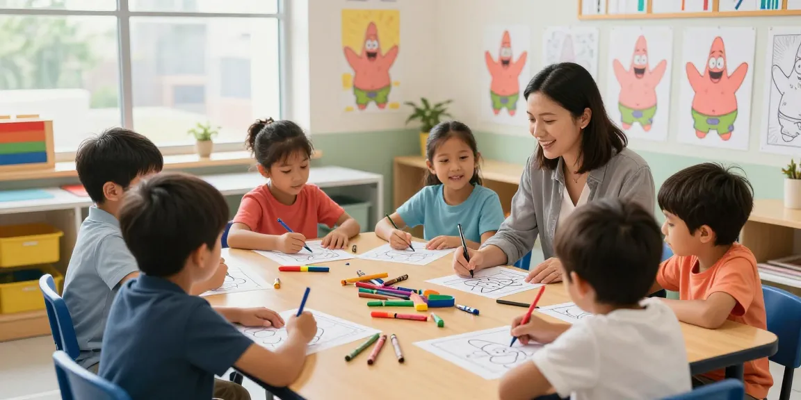 Kids learn to color Patrick Star pages in a bright classroom.