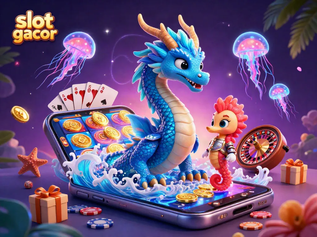 Menangkan permainan slot gacor dengan raja naga biru dan ksatria kuda laut yang berani dalam ilustrasi kasino fantasi.