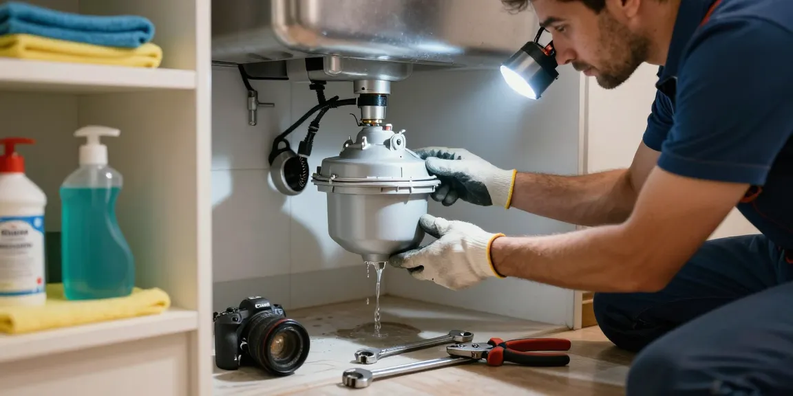 Garbage Disposal Repair by a technician under a kitchen sink, tools and a bright atmosphere.