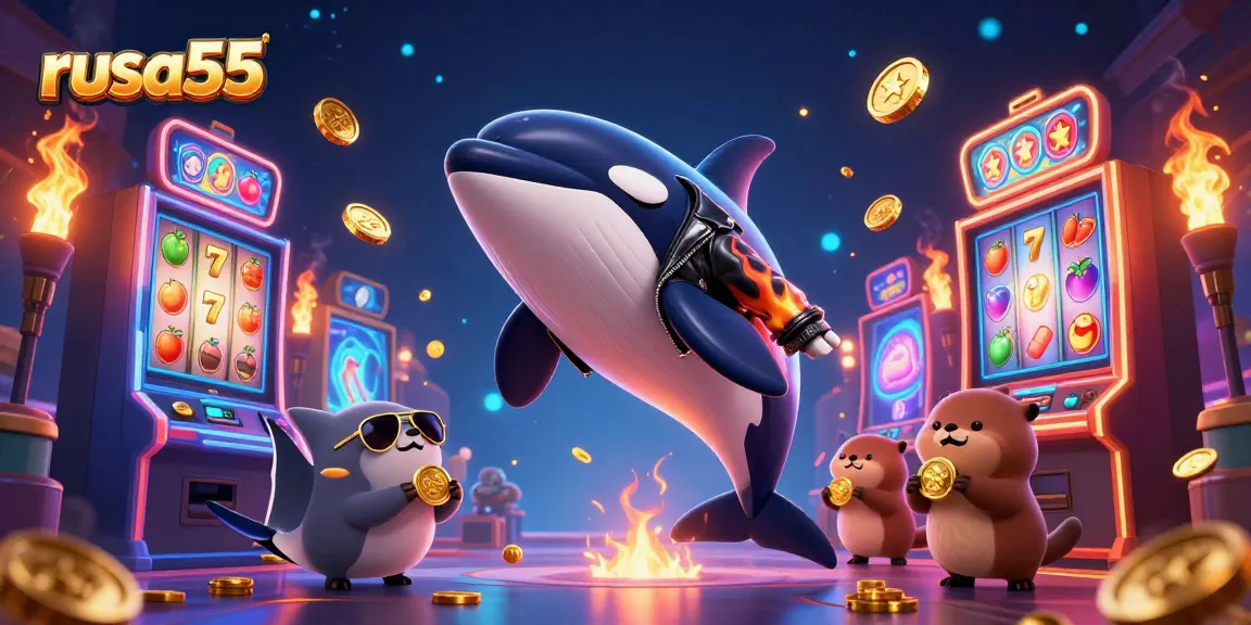 rusa55 online casino jackpot scene featuring a cartoon orca whale, stingray, and otters with gold coins