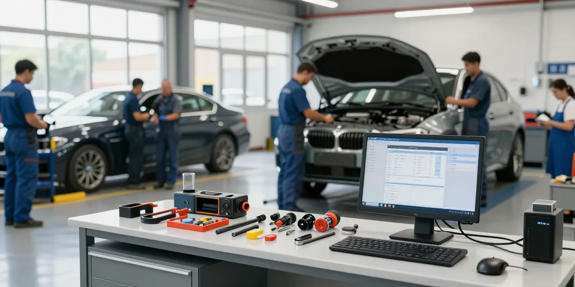 Professionelle BMW Werkstatt Hannover, Techniker bei der Arbeit an einem Fahrzeug mit modernen Diagnosetools und hochwertigem Zubehör.