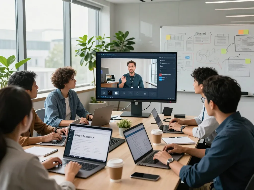 Team using video to prompt ai in a modern workplace, showcasing collaboration and technology.