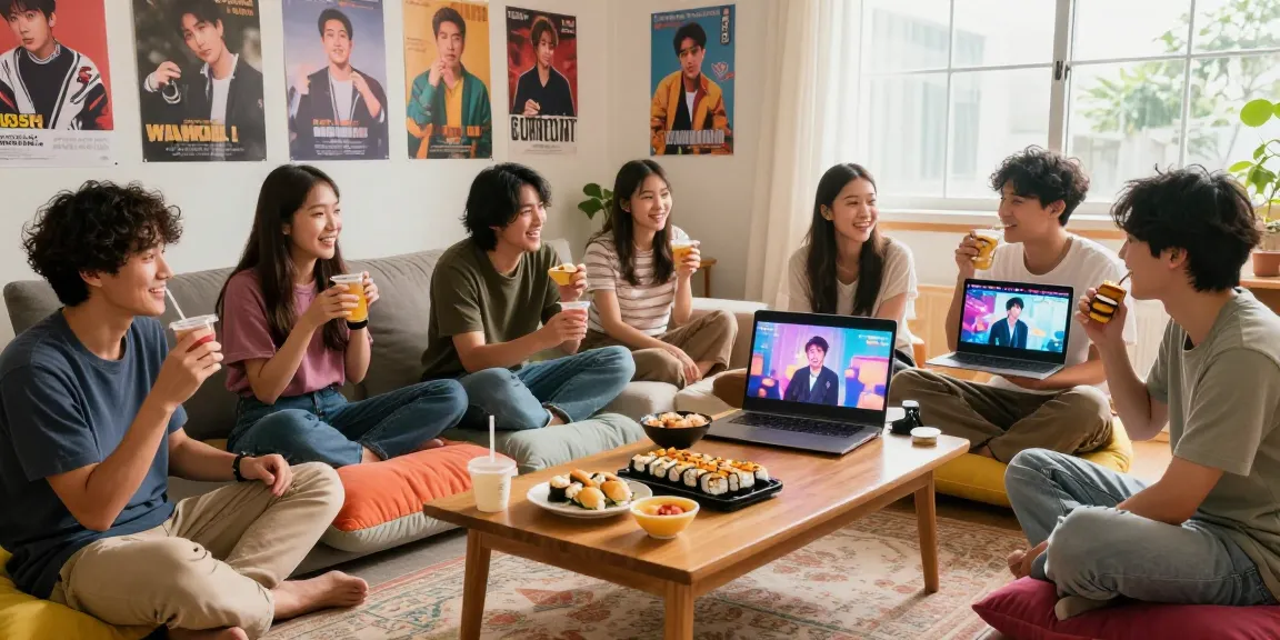 Friends enjoying Asian culture and snacks while engaging with https://hanadultalk.com media in a cozy living room.