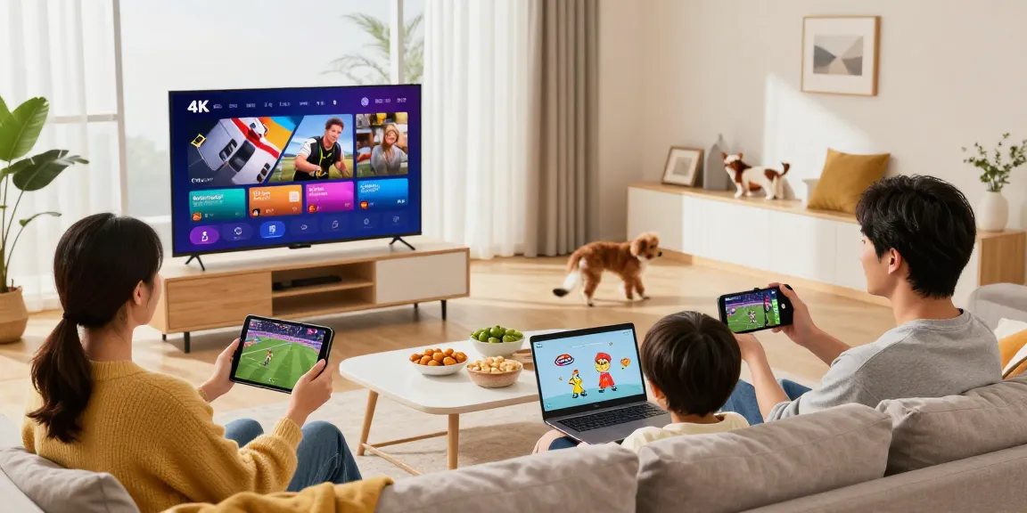 Test iptv 24h avec une famille profitant de streaming sur plusieurs appareils dans un salon moderne.