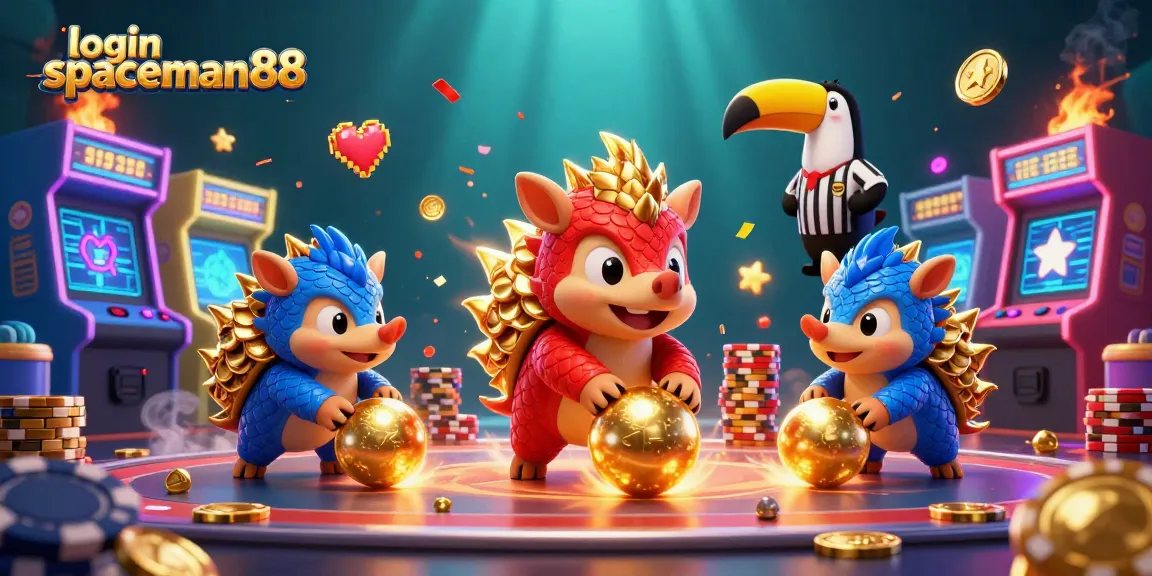 Experience excitement with login spaceman88, as animated pangolins compete over golden poker chips in a casino scene.