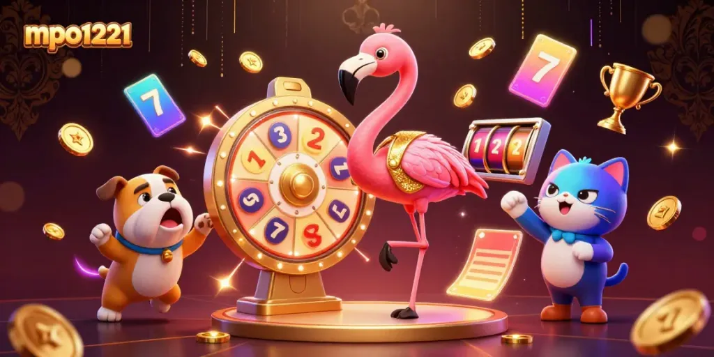 Engage with mpo1221 while celebrating with a 3D game show host, bulldog contestant, and prize wheel masterpiece.