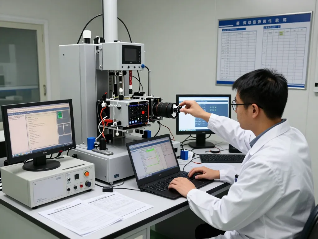 Compliance testing technician conducting RF testing in advanced EMC lab, illustrating expert analysis and precision.