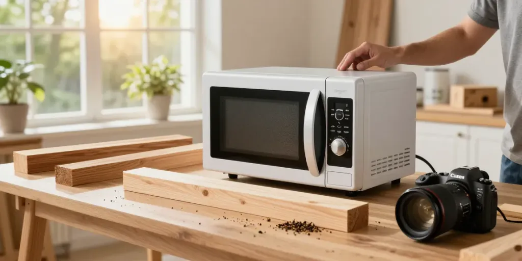 SHASHEL® microwave device effectively treating wood against pests in a bright workshop.
