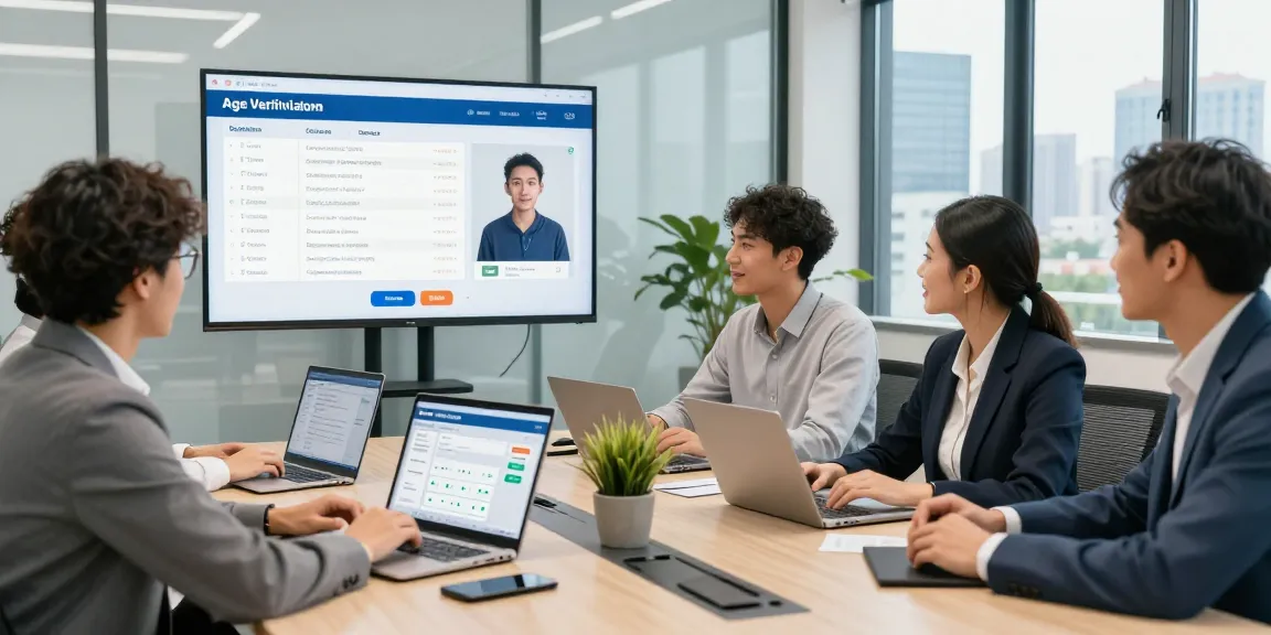 Team discussing age verification system metrics in a modern office
