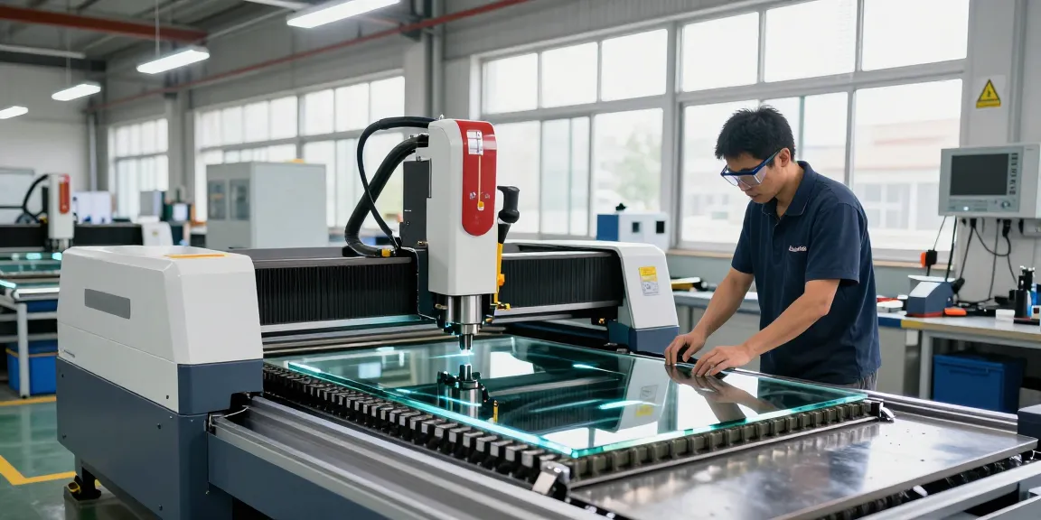 CNC glass cutting machine in operation with technician at work in industrial workshop.