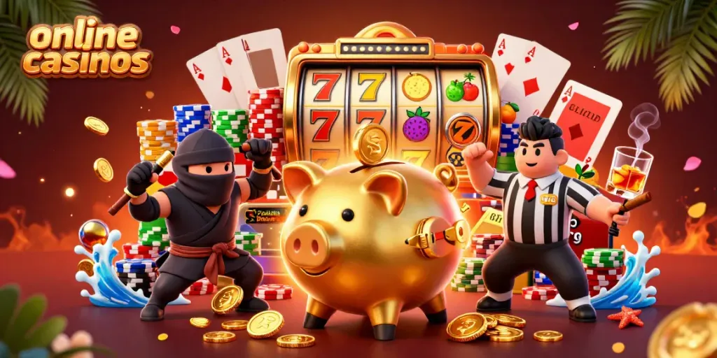 Experience lively online casinos with a golden pig sumo and vivid slot games in a dynamic 3D scene.