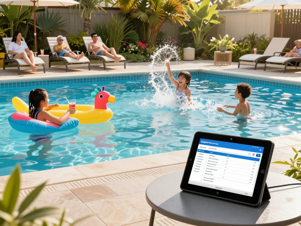 Dolphin Pool Services maintaining a vibrant family pool with joyful splashes and clean surroundings.