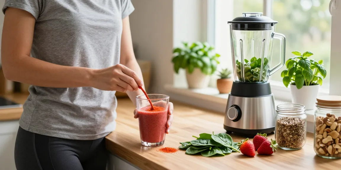 Delicious smoothie preparation featuring premium astaxanthin and fresh fruits in a bright kitchen.