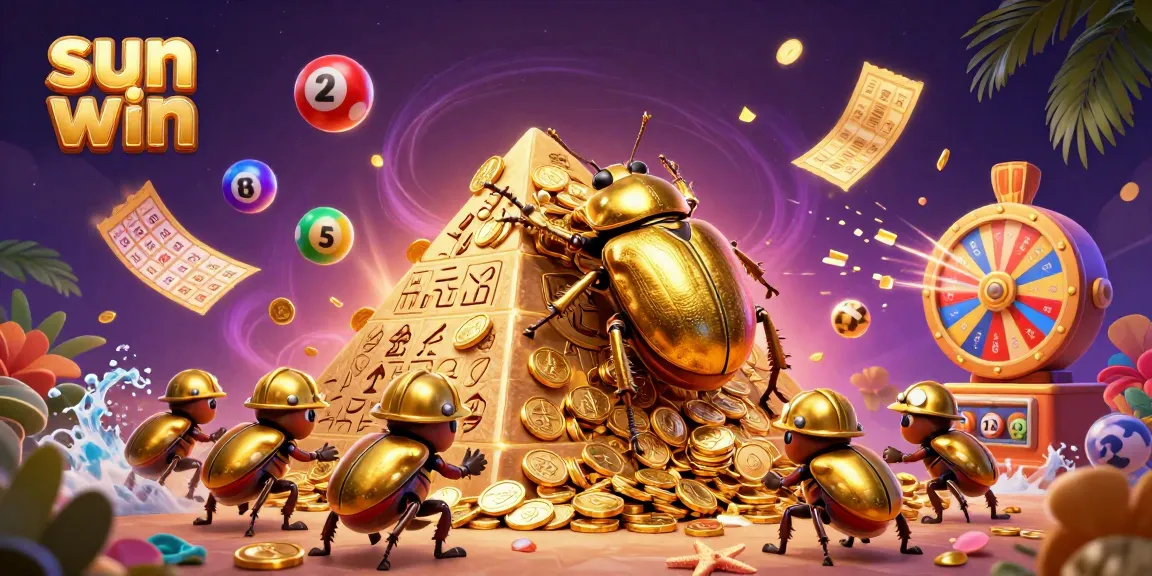 Experience the excitement of sun win with vibrant lottery elements and golden beetles in a rich, dynamic casino scene.