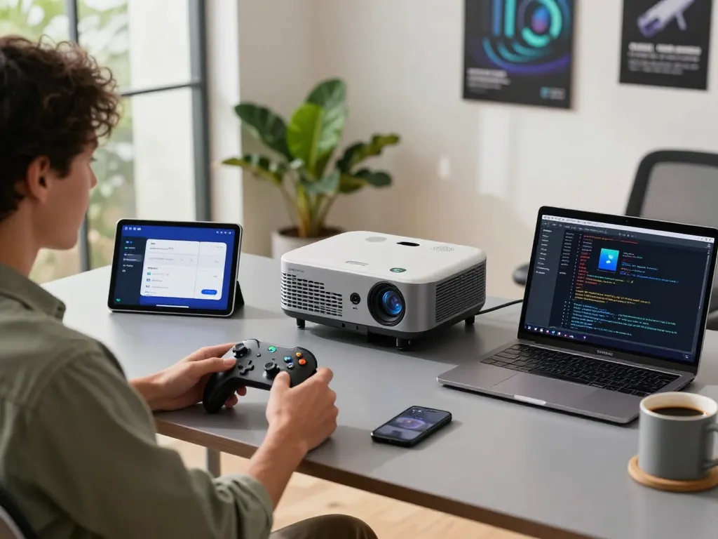 Person testing unique tech gadgets in a modern workspace with Bluetooth devices and tech accessories