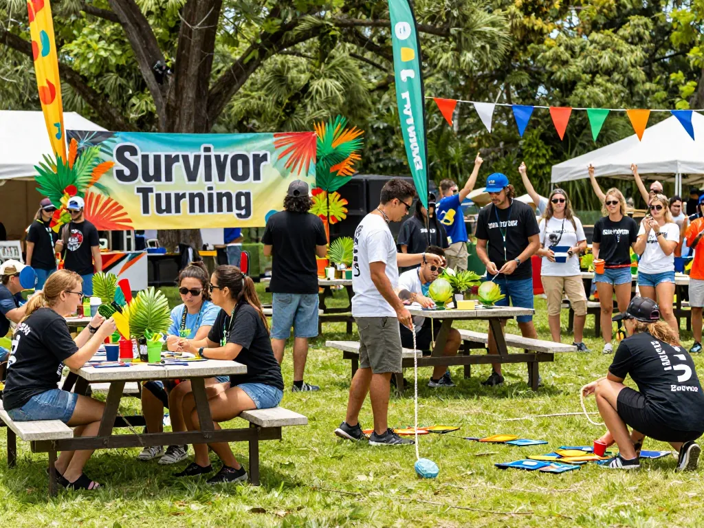 Engaging outdoor Survivor Turning event with fans discussing strategies and challenges.