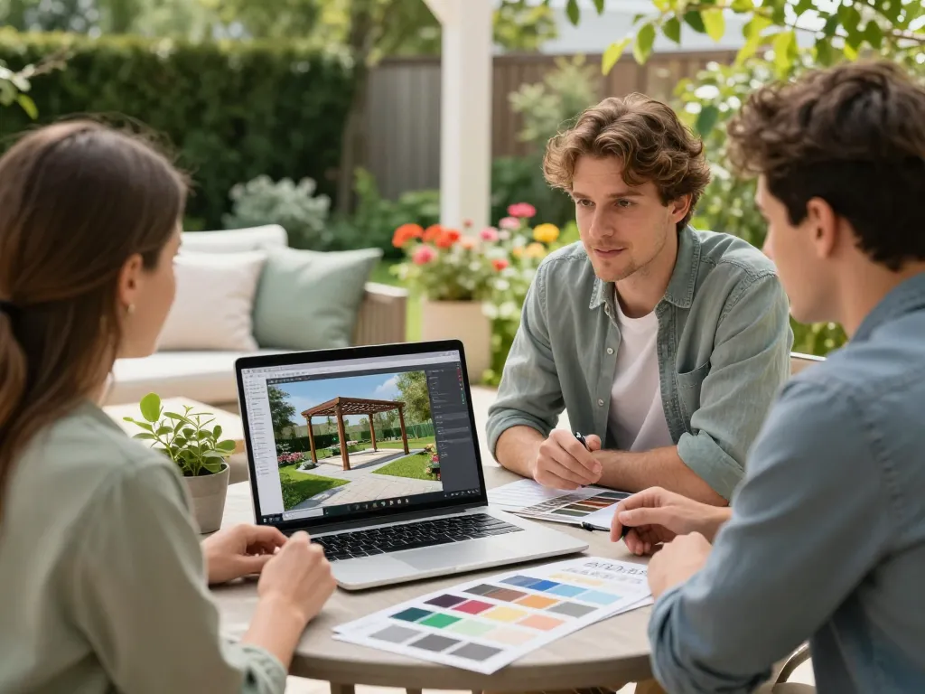 Pergola configurator software displayed on a laptop while designing a garden pergola with clients.