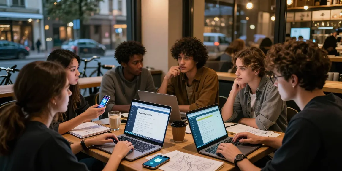 Group discussing telegram china update in urban coffee shop, laptops and smartphones engaged, vibrant atmosphere.