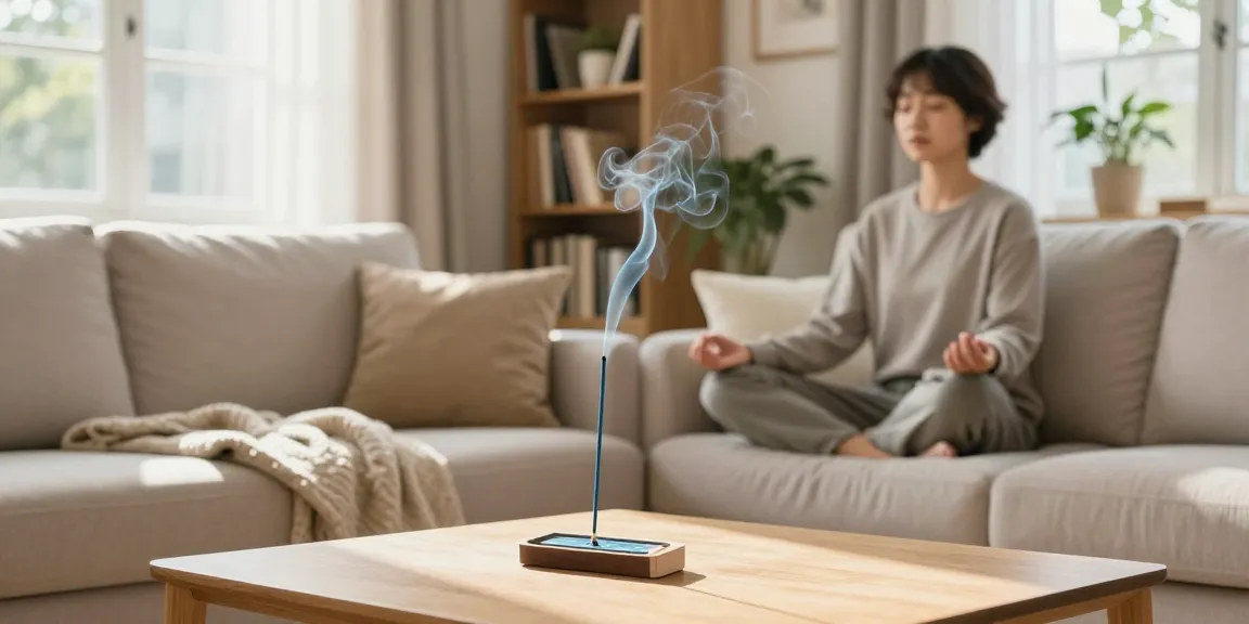 Person meditating in a serene room with burning liquid-blue-incense, creating a calming atmosphere.