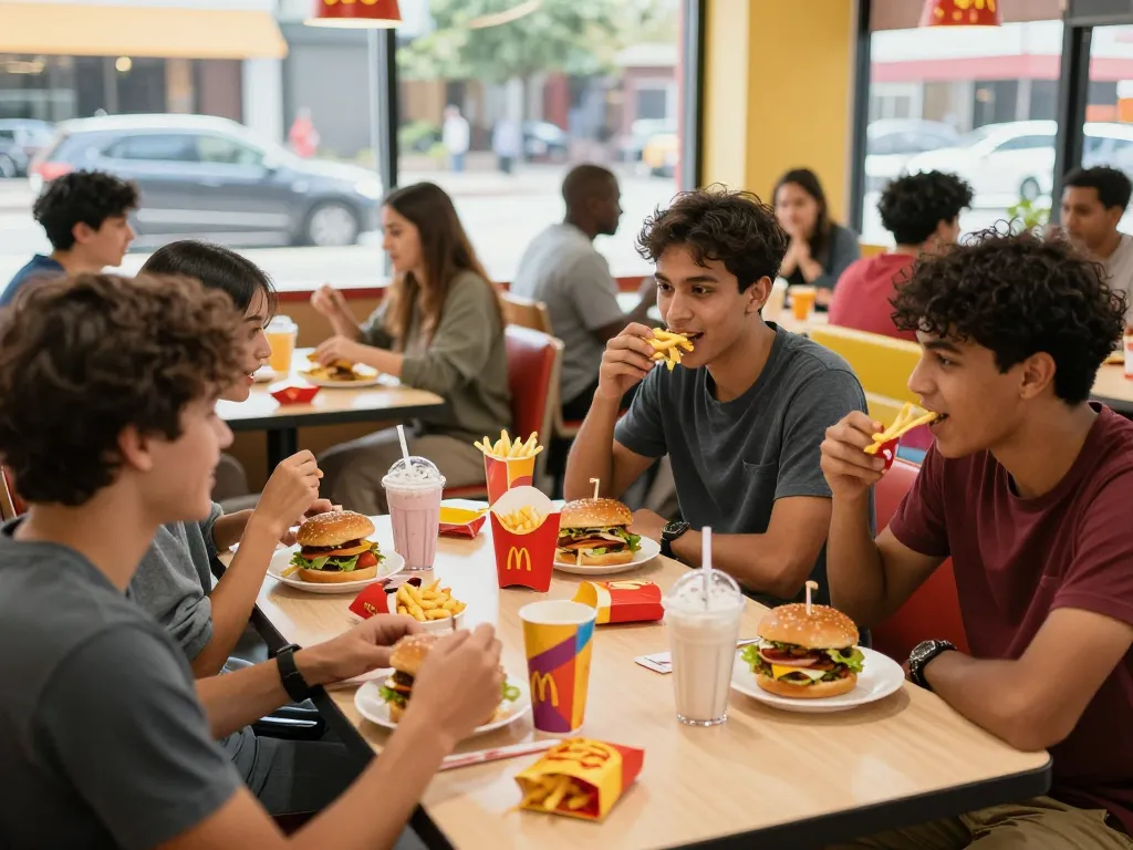 Friends sharing delicious fast food menu items in a lively restaurant setting