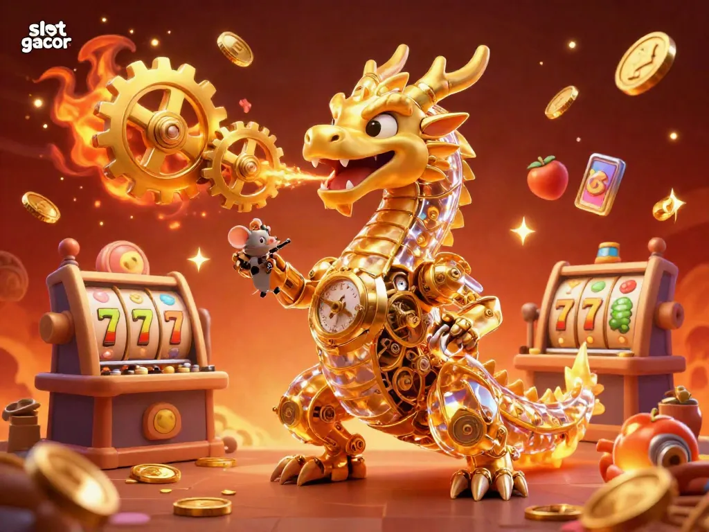Experience thrilling slot gacor action with a magical biomechanical dragon surrounded by vibrant slots and sparkling treasure.