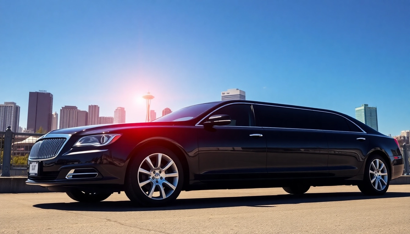Limo Vancouver to Seattle showcasing an elegant vehicle against a vibrant city skyline.