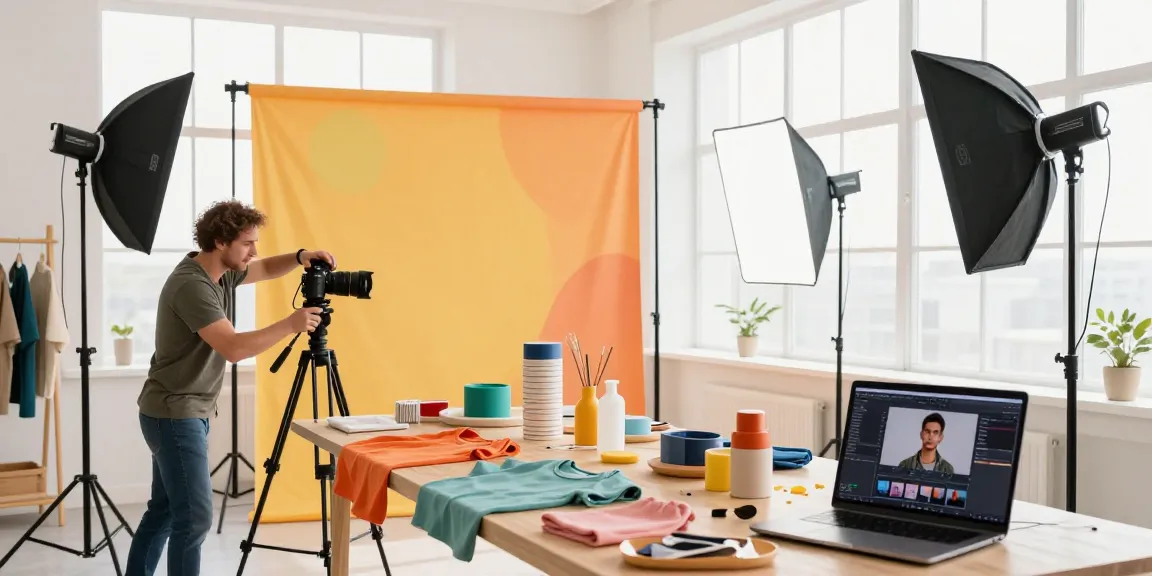 Foto ecommerce in studio professionale con prodotti disposti per il servizio fotografico.