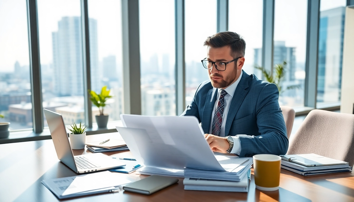 Consultant reviewing contracts and grants amidst a professional office environment.
