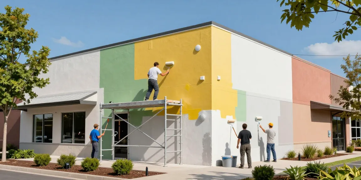 Commercial painters Washington County OR applying vibrant paint on a modern commercial building's exterior