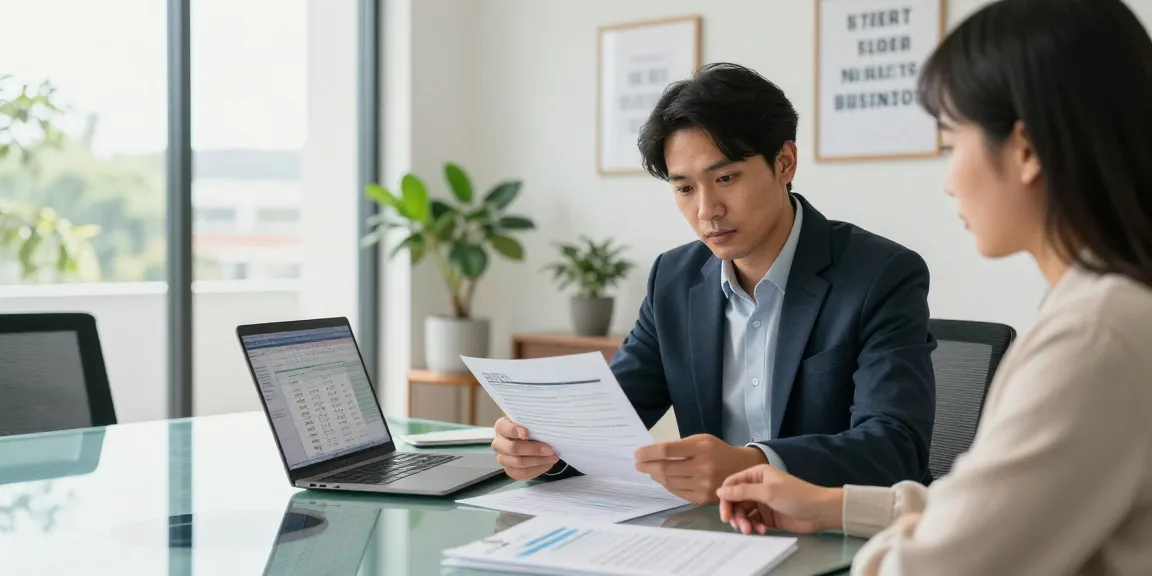 社保の窓口、専門的なオフィス環境での税務相談、小企業経営者とコンサルタントの協力を強調。